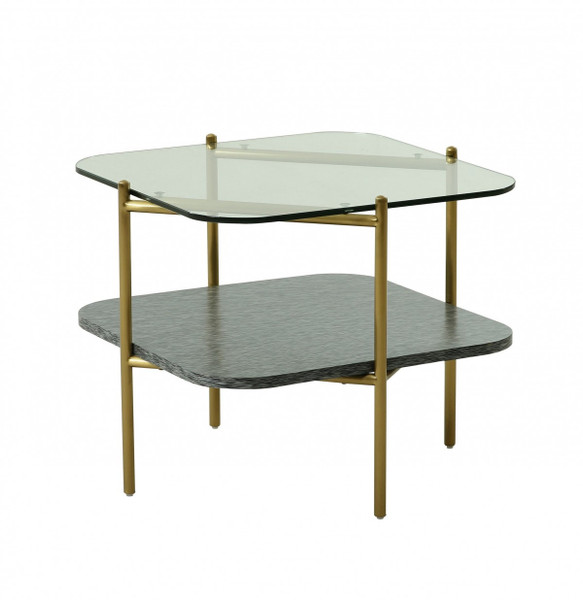 20" Gold And Clear Glass And Metal Square End Table With Shelf 487355 By Homeroots