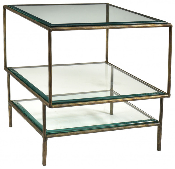 20" Bronze And Clear Glass And Iron Square End Table With Two Shelves 488530 By Homeroots
