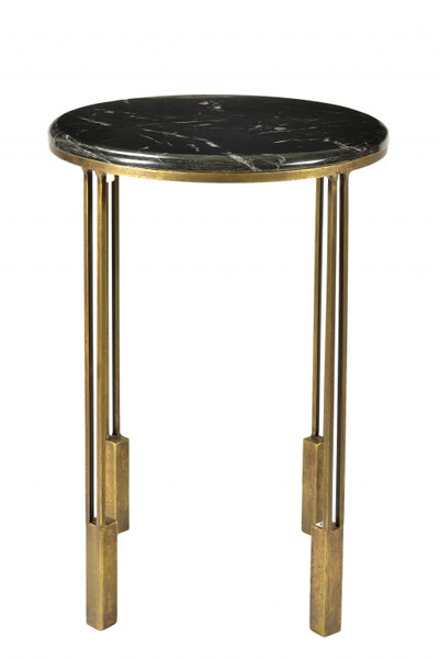 23" Gold And Black Marble And Iron Round End Table 488553 By Homeroots