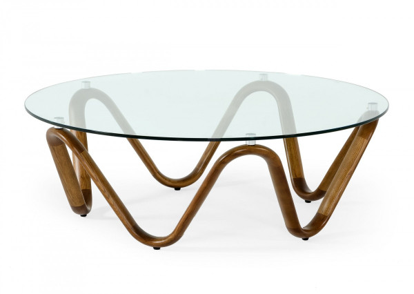 45" Walnut And Clear Glass Abstract Wood Round Coffee Table 489059 By Homeroots