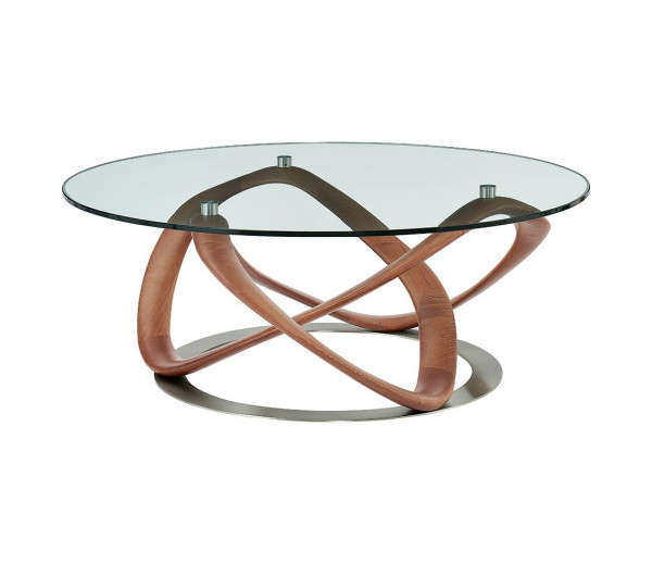 39" Walnut And Clear Glass Abstract Round Coffee Table 489060 By Homeroots
