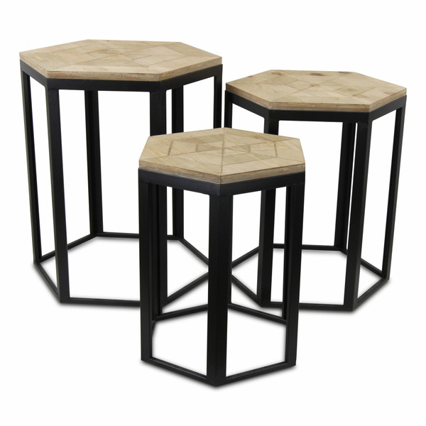 Set Of Three 25" Black And Brown Solid Wood And Steel Hexagon Nested Tables 489319 By Homeroots