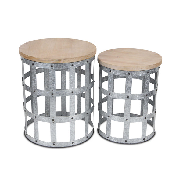 Set Of Two 19" Gray And Brown Solid Wood And Steel Round Nested Tables 489326 By Homeroots