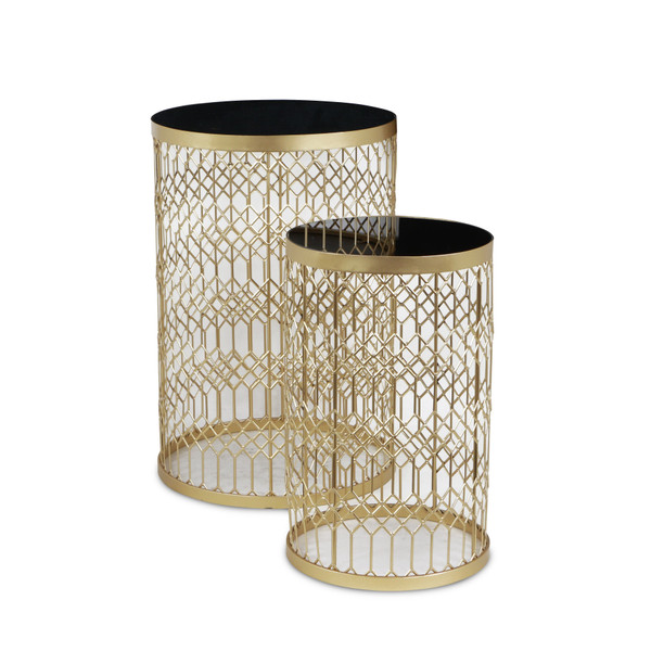 Set Of Two 23" Gold And Black Glass And Steel Round Mirrored Nested Tables 489331 By Homeroots