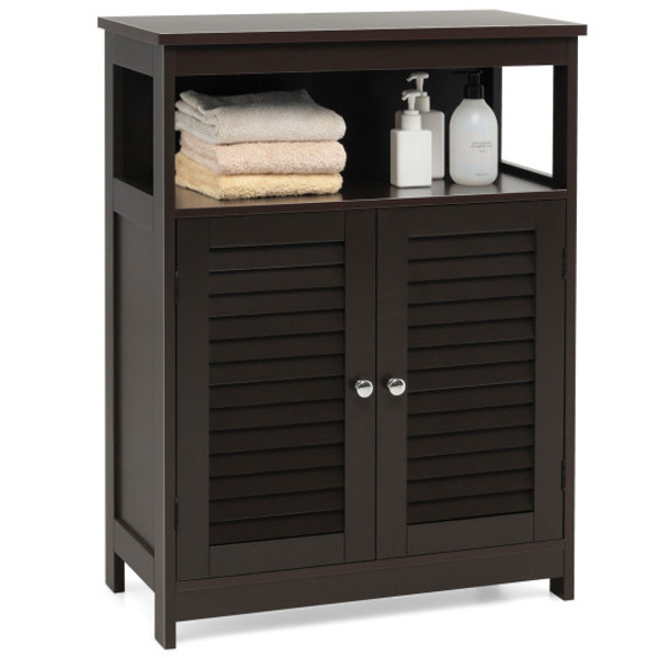 HW65847CF Wood Freestanding Bathroom Storage Cabinet With Double Shutter Door-Brown
