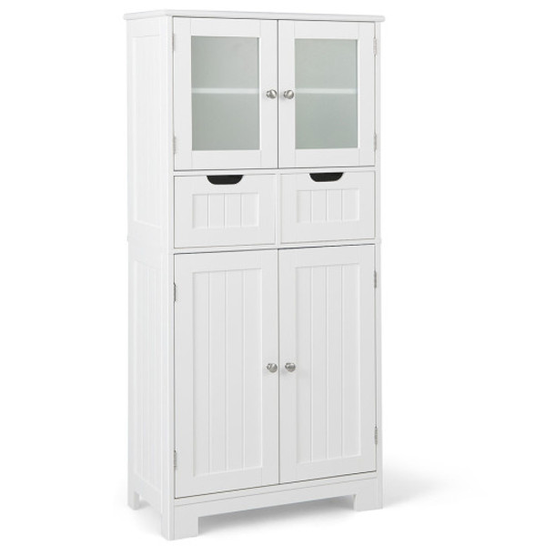 JV10643WH 3 Tier Freee-Standing Bathroom Cabinet With 2 Drawers And Glass Doors-White