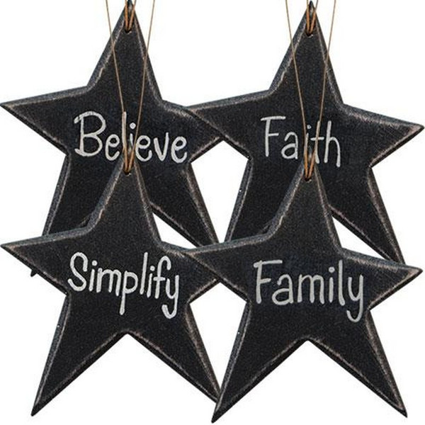 4/Set Black Star Word Ornaments G33093 By CWI Gifts