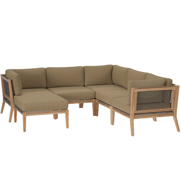 Modway Clearwater Outdoor Patio Teak Wood 6-Piece Sectional Sofa - Gray Light Brown EEI-6124-GRY-LBR