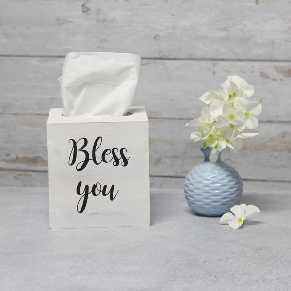 All The Rages Elegant Designs Decorix Farmhouse Square Wooden Decorative Tissue Box Cover With "Bless You" - White Wash HG2024-WWH