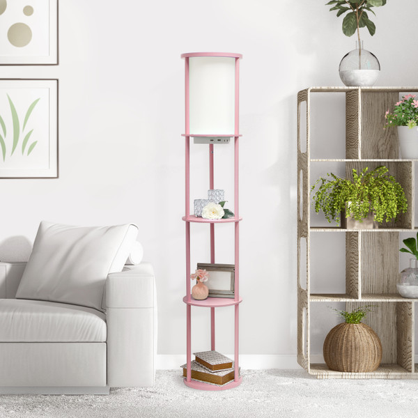 All The Rages Simple Designs 62.5" Round Modern Shelf Etagere Organizer Storage Floor Lamp With 2 Usb Charging Ports - Light Pink LF2010-LPK
