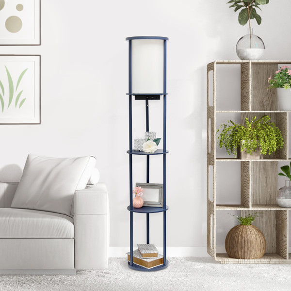 All The Rages Simple Designs 62.5" Round Modern Shelf Etagere Organizer Storage Floor Lamp With 2 Usb Charging Ports - Navy LF2010-NAV