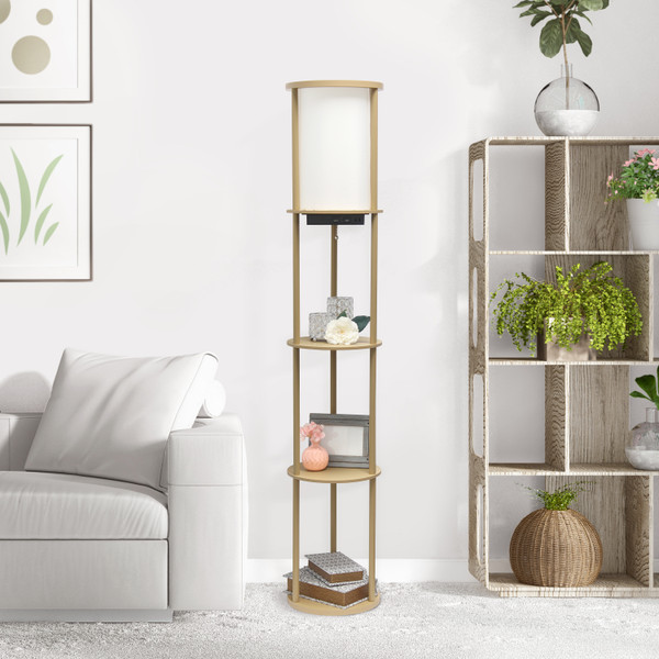 All The Rages Simple Designs 62.5" Round Modern Shelf Etagere Organizer Storage Floor Lamp With 2 Usb Charging Ports - Tan LF2010-TAN