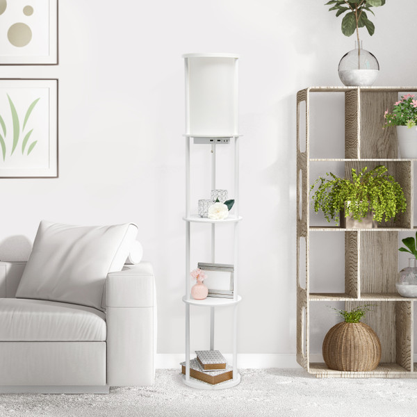 All The Rages Simple Designs 62.5" Round Modern Shelf Etagere Organizer Storage Floor Lamp With 2 Usb Charging Ports - White LF2010-WHT