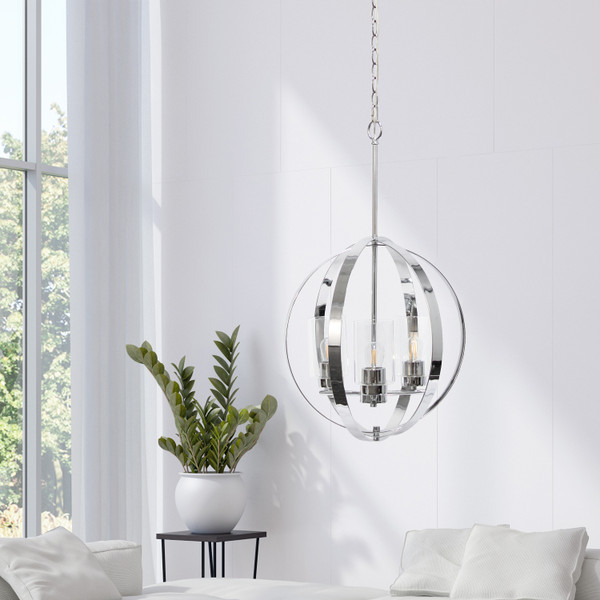 All The Rages Lalia Home 3-Light 18" Adjustable Industrial Globe Hanging Metal And Clear Glass Ceiling Pendant - Chrome LHP-3010-CH