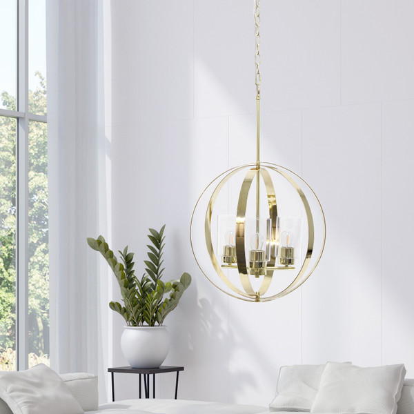 All The Rages Lalia Home 3-Light 18" Adjustable Industrial Globe Hanging Metal And Clear Glass Ceiling Pendant - Gold LHP-3010-GL