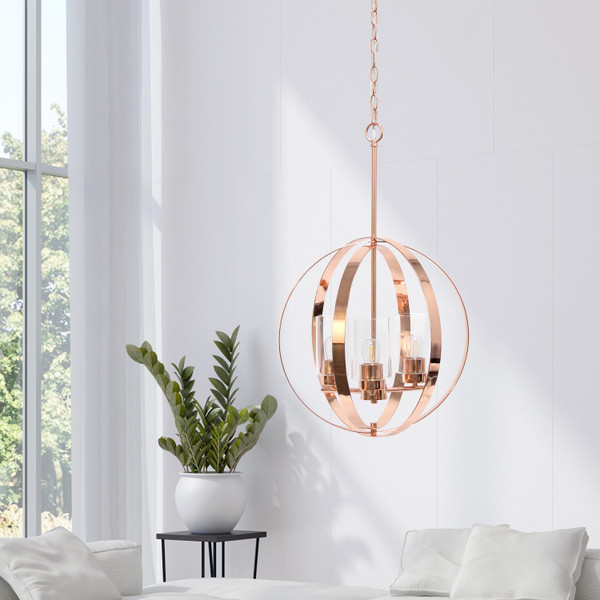All The Rages Lalia Home 3-Light 18" Adjustable Industrial Globe Hanging Metal And Clear Glass Ceiling Pendant - Rose Gold LHP-3010-RG