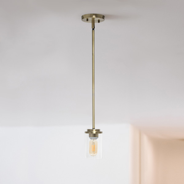 All The Rages Lalia Home 1-Light 5.75" Minimalist Industrial Farmhouse Adjustable Hanging Clear Cylinder Glass Pendant Fixture - Antique Brass LHP-3011-AB