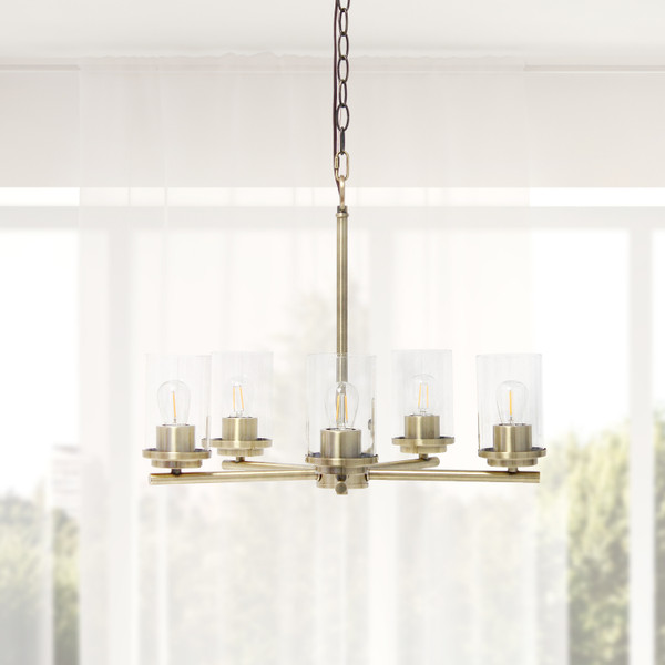 All The Rages Lalia Home 5-Light 20.5" Classic Contemporary Clear Glass And Metal Hanging Pendant Chandelier - Antique Brass LHP-3013-AB