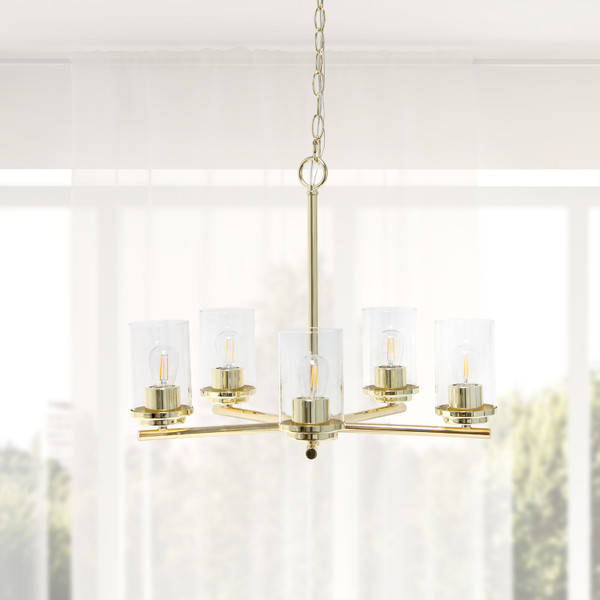 All The Rages Lalia Home 5-Light 20.5" Classic Contemporary Clear Glass And Metal Hanging Pendant Chandelier - Gold LHP-3013-GL