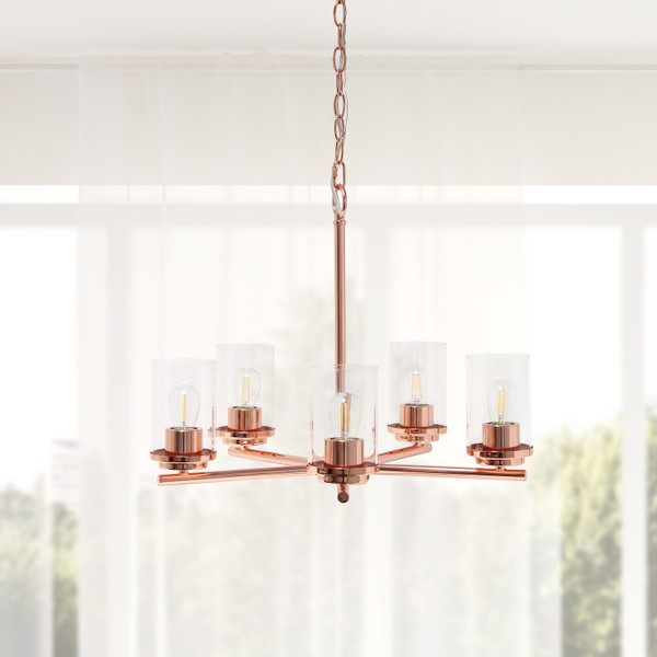 All The Rages Lalia Home 5-Light 20.5" Classic Contemporary Clear Glass And Metal Hanging Pendant Chandelier - Rose Gold LHP-3013-RG