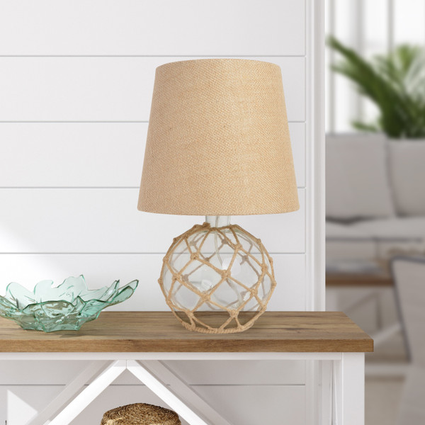 All The Rages Lalia Home Maritime 14.75" Medium Coastal Fisherman'S Shoreside Glass Rope Table Lamp With Burlap Fabric Empire Shade - Clear LHT-3011-CL