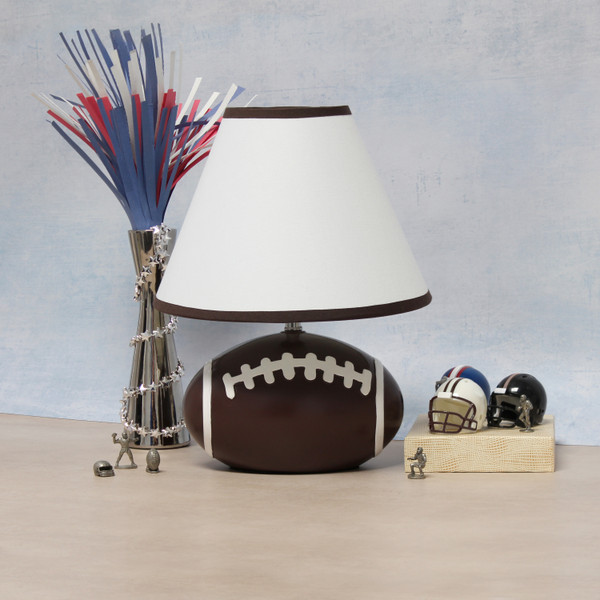 All The Rages Simple Designs Sportslite 11.5" Tall Athletic Sports Football Base Ceramic Bedside Table Desk Lamp With White Empire Fabric Shade With Brown Trim LT1081-FTB
