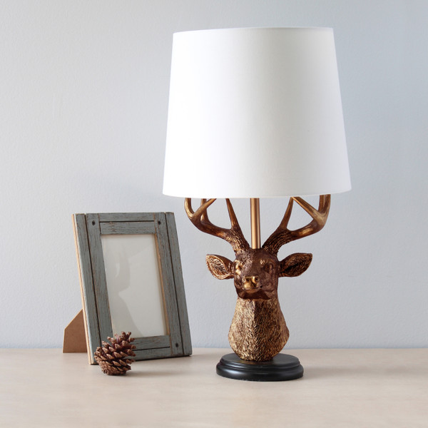 All The Rages Simple Designs Woodland 17.25" Tall Rustic Antler Copper Deer Bedside Table Desk Lamp With Tapered White Fabric Shade LT1095-CPR
