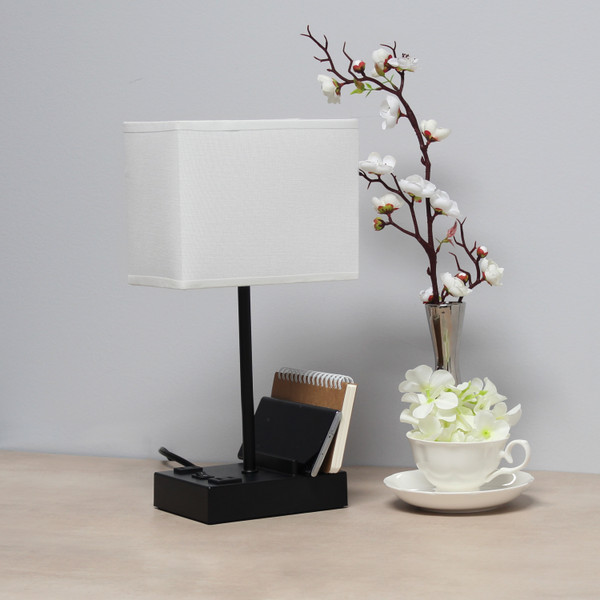 All The Rages Simple Designs 15.3" Tall Modern Rectangular Multi-Use 1 Light Bedside Table Desk Lamp With 2 Usb Ports And Charging Outlet - Black LT1110-WOB