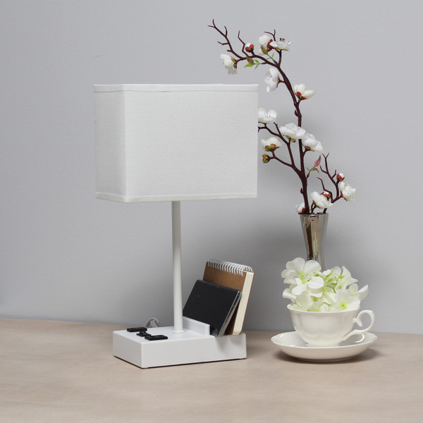 All The Rages Simple Designs 15.3" Tall Modern Rectangular Multi-Use 1 Light Bedside Table Desk Lamp With 2 Usb Ports And Charging Outlet - White LT1110-WOW