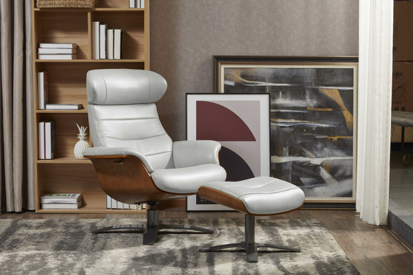 VGKK-A928-LTGRY Divani Casa Abrons - Mid-Century Modern Light Grey Leather Lounge Chair & Ottoman By VIG Furniture