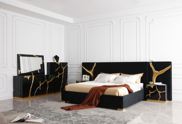 VGVCBD1801-BLK-BED Modrest Aspen - Glam Black Velvet & Gold Bed By VIG Furniture