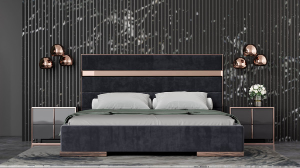 VGVCBD-A002-BLK-BED-2NS-SET-CK Modrest Cartier - California King Modern Black + Rose Gold Bed + Nightstands By VIG Furniture