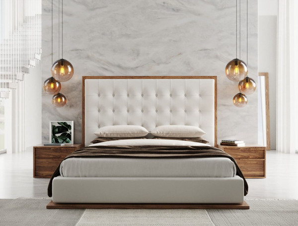 VGMABR-96-WAL-BED-california Modrest Amberlie - White Vegan Leather & Walnut Ck Bed By VIG Furniture