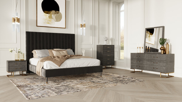 VGKKB606-GRY-H-SET-EK Modrest Hemlock Howard- Modern Dark Grey Velvet And Shagreen Grey Ek Bedroom Set By VIG Furniture
