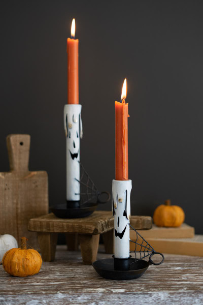 Kalalou CHE1504 Set Of Two Painted Metal Ghost Taper Candle Holders