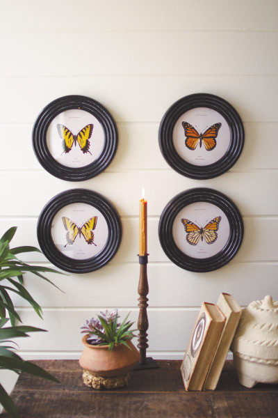 Kalalou CHH1505 Set Of Four Round Framed Butterfly Prints Under Glass