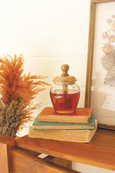 Kalalou NGLA1008 Glass Honey Jar With Mango Wood Top