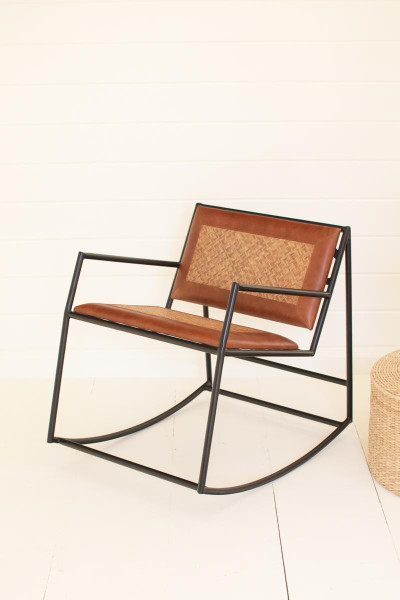 Kalalou NKHU1101 Rocking Iron Chair With Leather And Woven Cane