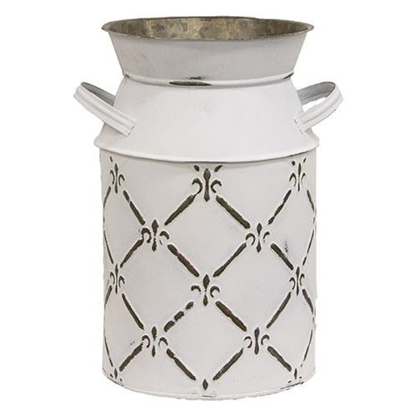 Whitewashed Fleur De Lis Galvanized Milk Can Large G15686B By CWI Gifts