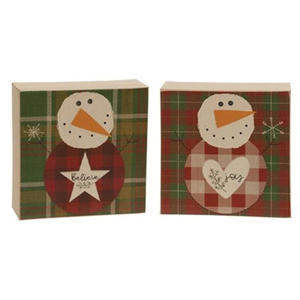 *Believe Or Joy Plaid Snowman Box Sign 2 Asstd. (Pack Of 2) G36177 By CWI Gifts