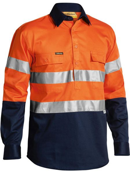 2 TONE CLOSED FRONT HI VIS DRILL SHIRT 3M REFLECTIVE TAPE - LONG SLEEVE  BTC6456