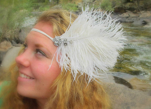 White Flapper Ostrich Feather Rhinestone Headband