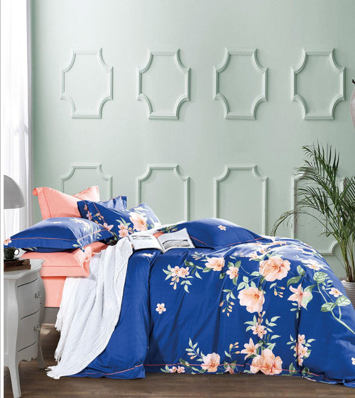 Elizabeth Blue/Orange Floral  PURE Cotton Reversible Duvet Cover Set