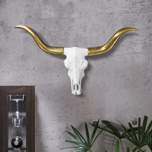 """White + Gold Mini Faux Longhorn Skull 20"""""""