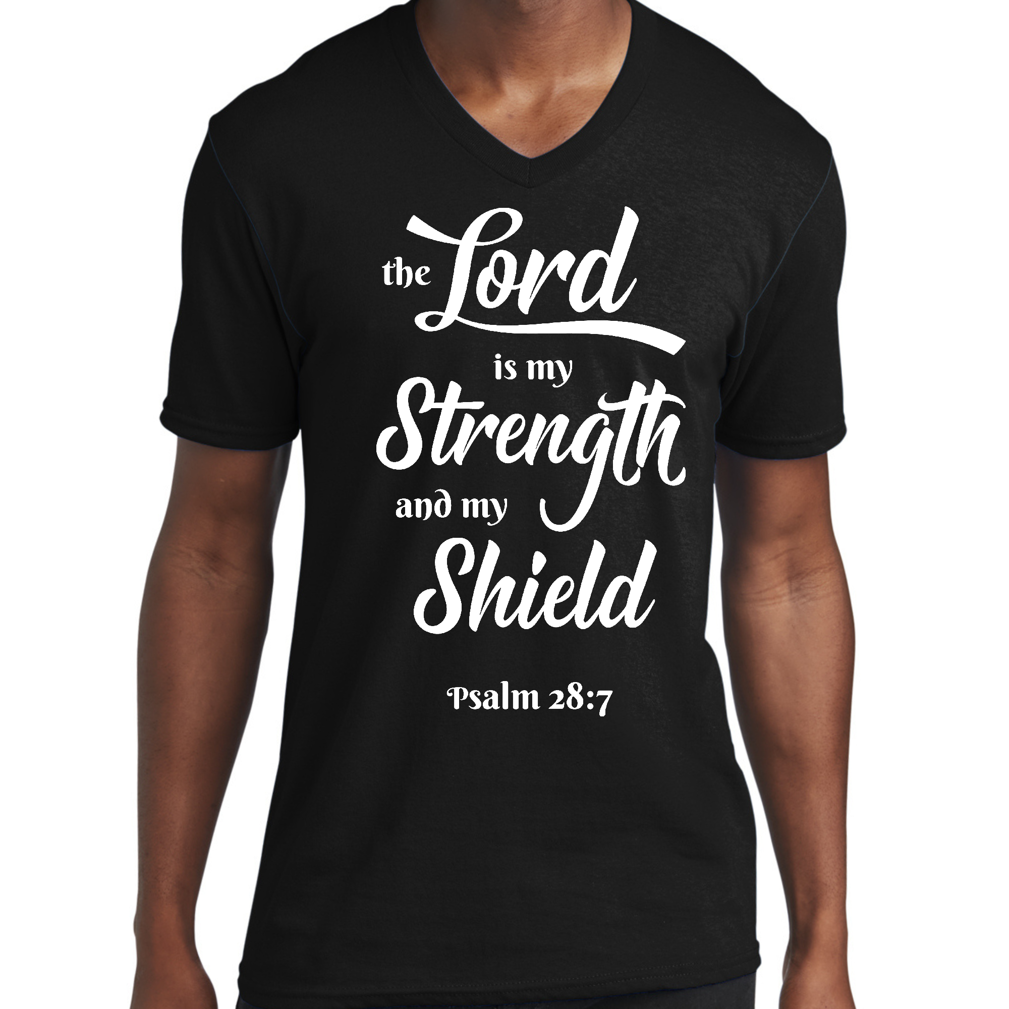 Mens Graphic V-neck T-shirt the Lord is my Strength and my Shield