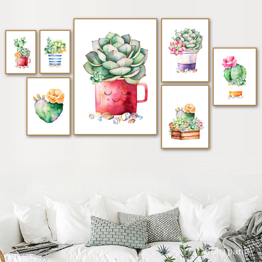 Watercolor Cactus Succulent Plant Wall Art Canvas