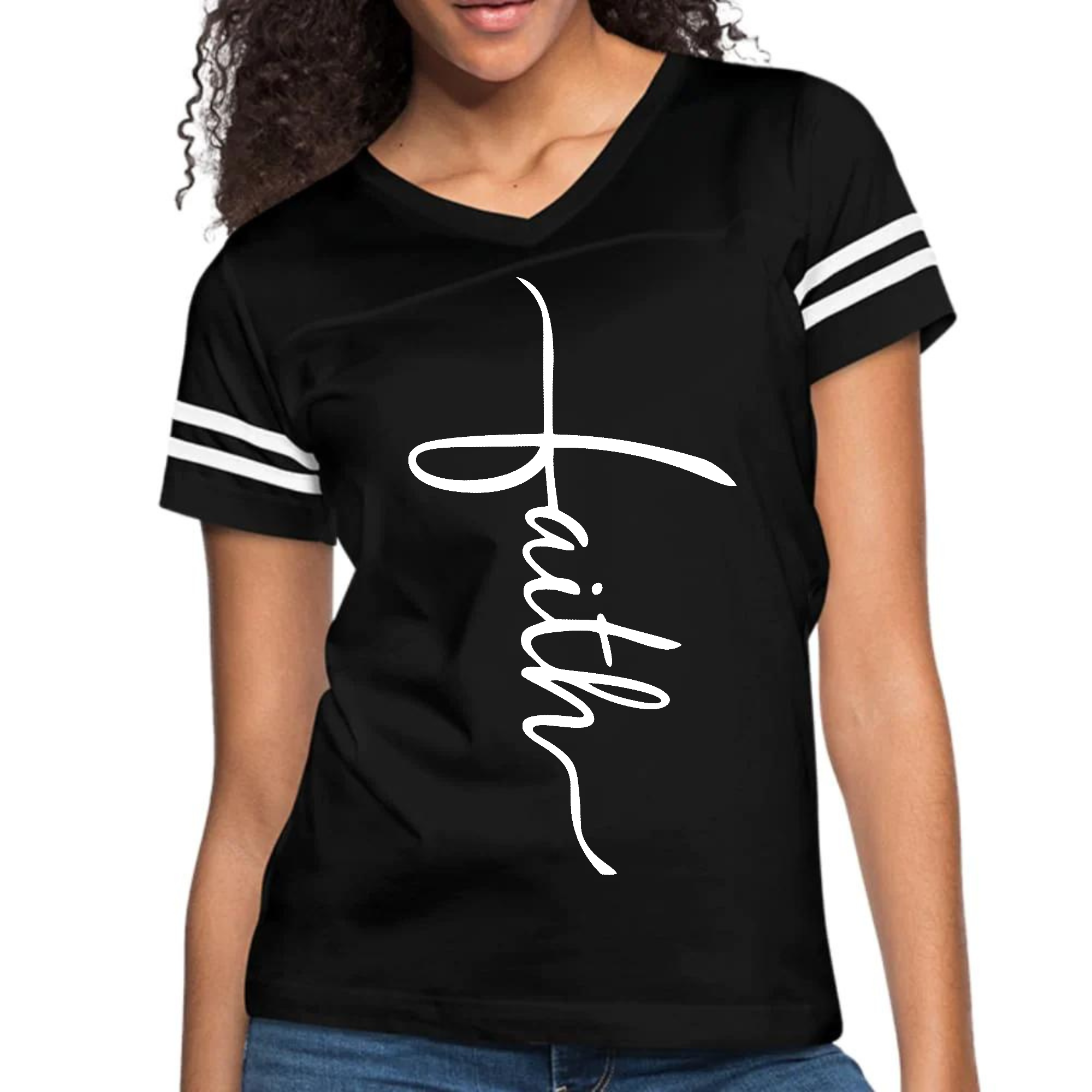 Womens Vintage Sport Graphic T-shirt Faith Script Cross Illustration
