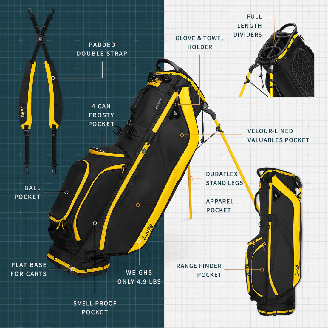 Sunday Golf Ryder 23 Golf Stand Bag Black & Yellow