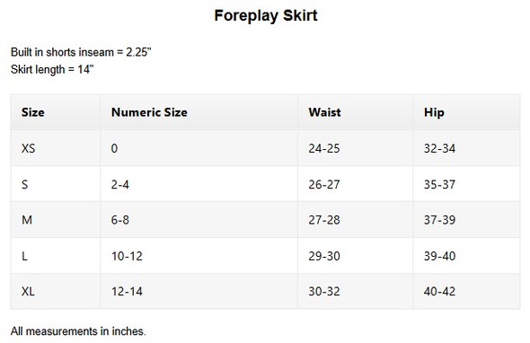 Pirdie Foreplay Golf Skirt Sizing Chart