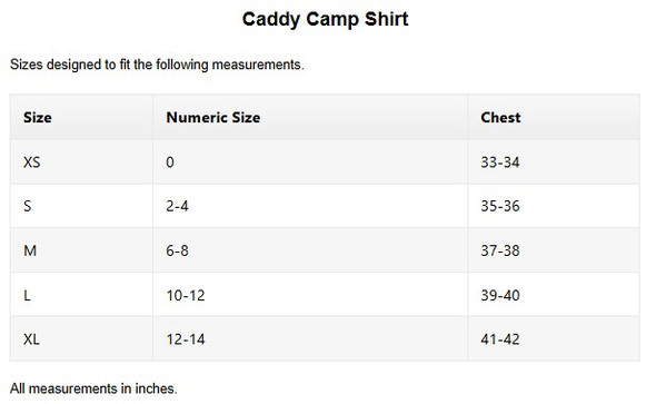 Pirdie Golf Womens Caddy Camp Shirt Sizing Chart
